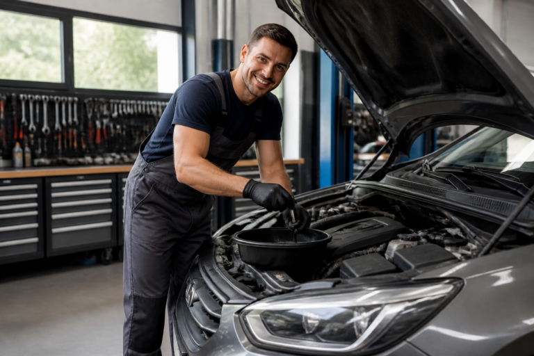 Garagiste effectuant une vidange essence dans un garage propre et bien équipé