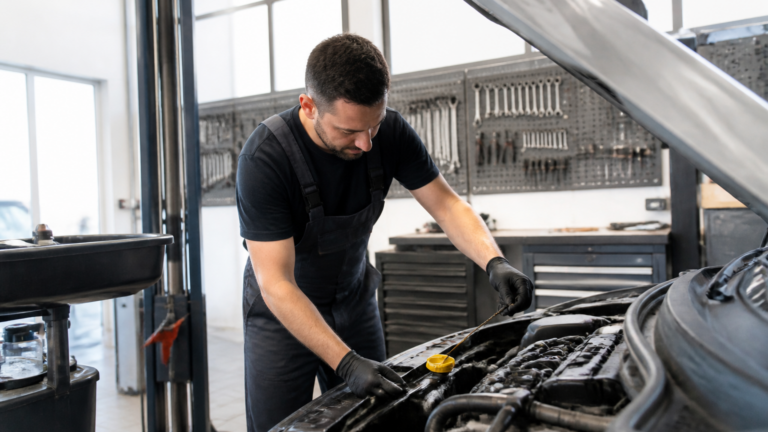 Garagiste effectuant une vidange sur une voiture essence dans un garage lumineux