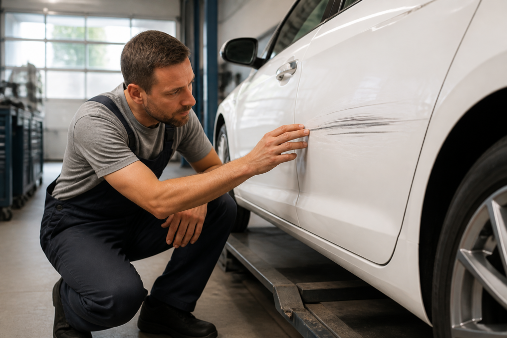 Garagiste inspectant la rayure sur la carrosserie d'une voiture blanche dans un garage automobile