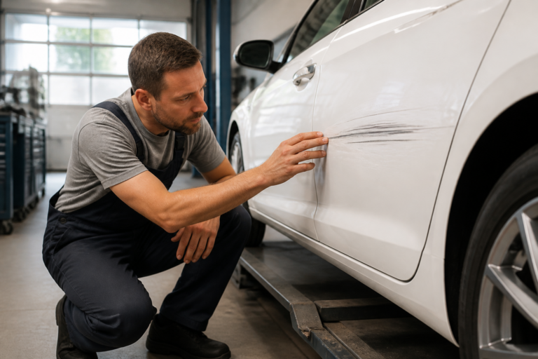 Garagiste inspectant la rayure sur la carrosserie d'une voiture blanche dans un garage automobile