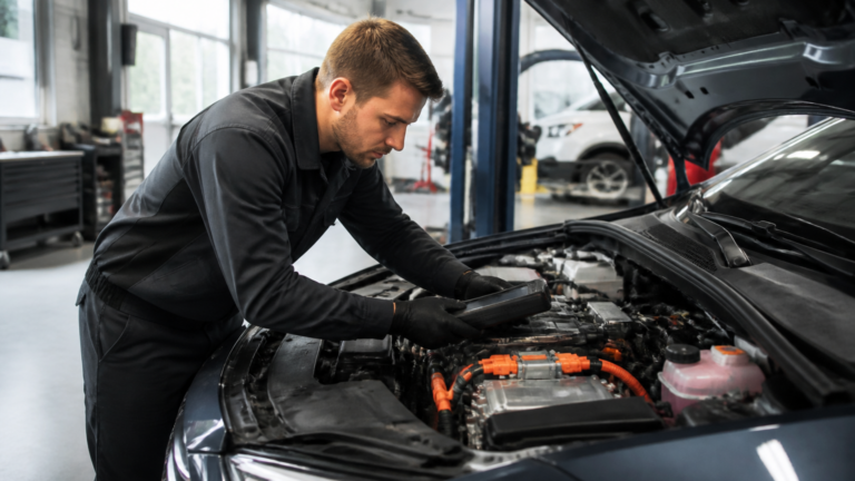 Garagiste local en train de vérifier une voiture hybride dans un garage automobile français propre et moderne
