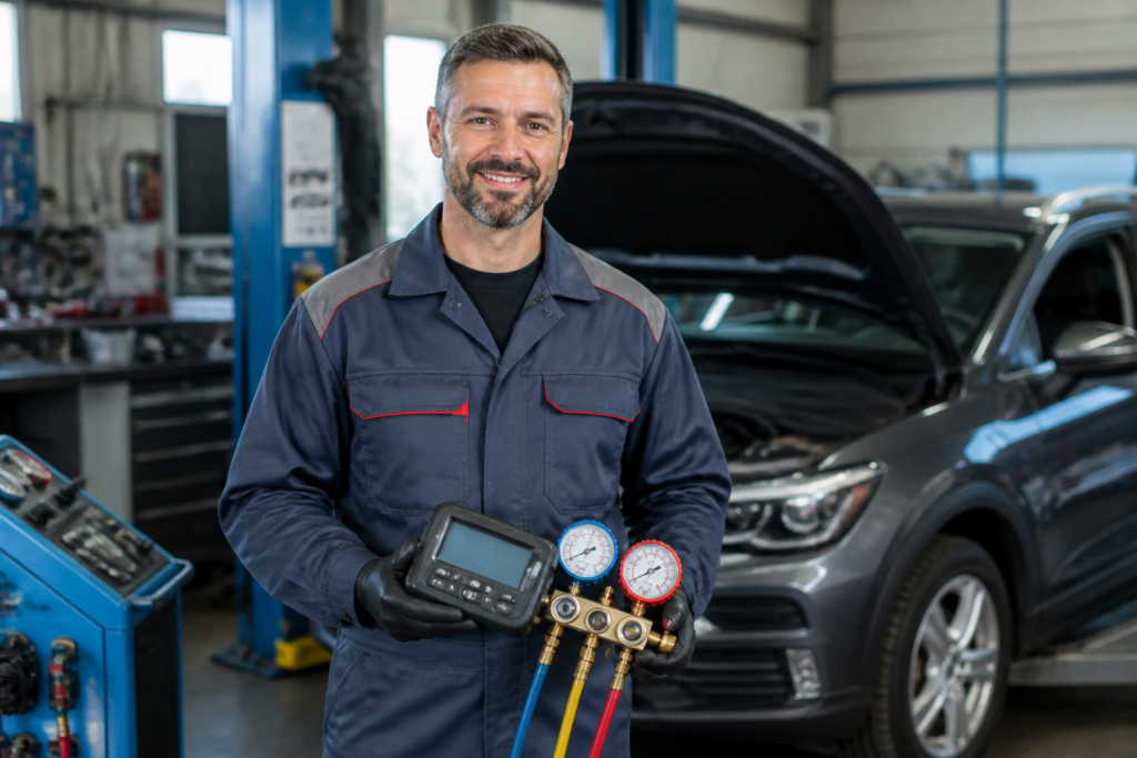 Garagiste au garage Crauzaz Nurieux réalisant un contrôle de la climatisation automobile sur une voiture