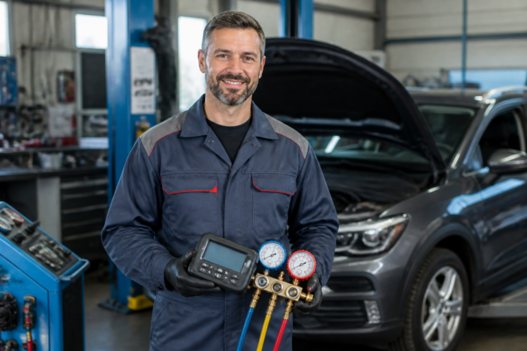 Garagiste au garage Crauzaz Nurieux réalisant un contrôle de la climatisation automobile sur une voiture