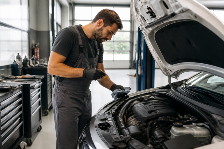Garagiste effectuant la révision d'une voiture dans un atelier de garage