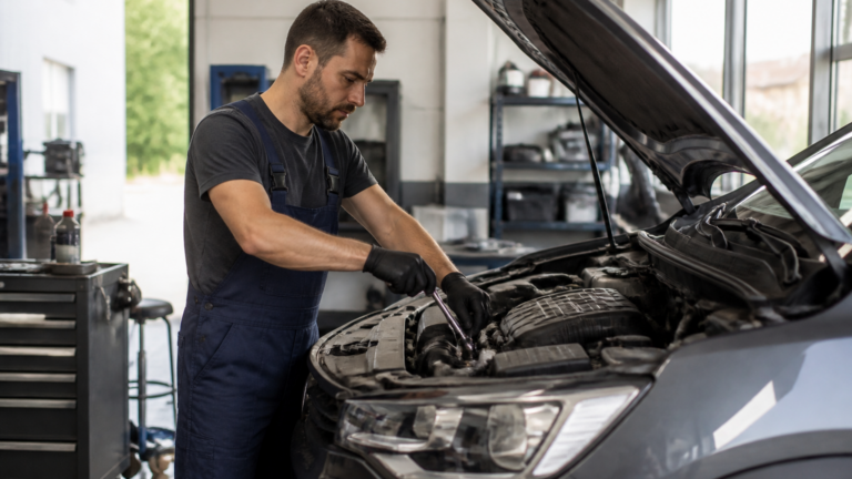 Mécanicien français en train d'entretenir une voiture diesel dans un garage local moderne