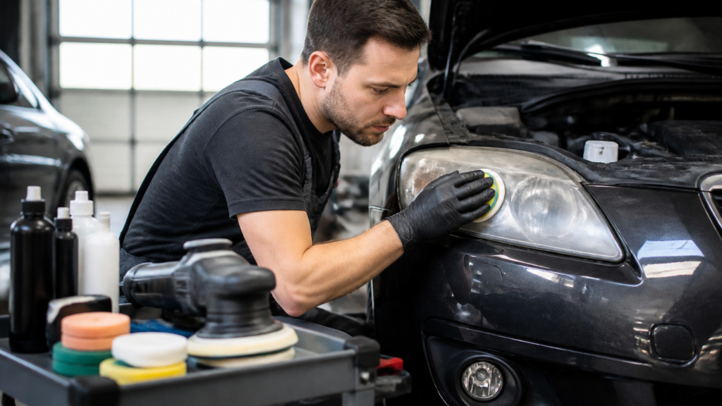 Garagiste réparant un phare automobile opaque dans un garage