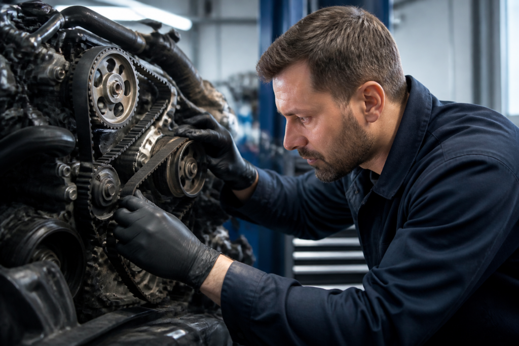 Garagiste inspectant la courroie de distribution d'un moteur dans un garage automobile