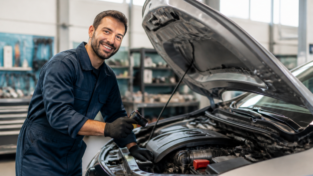 Garagiste inspectant une voiture dans un garage automobile à Nurieux