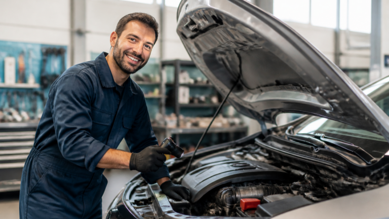 Garagiste inspectant une voiture dans un garage automobile à Nurieux
