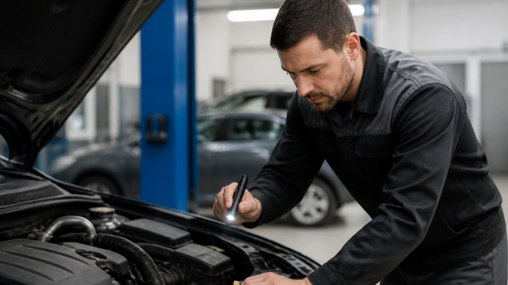 Garagiste inspectant un véhicule dans un garage lors d’un contrôle technique