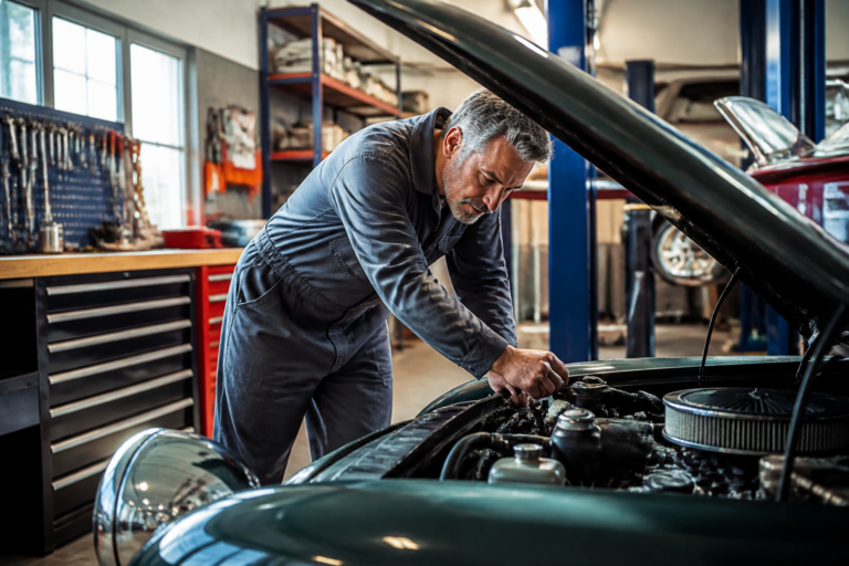 Garagiste inspectant une voiture ancienne dans un garage professionnel