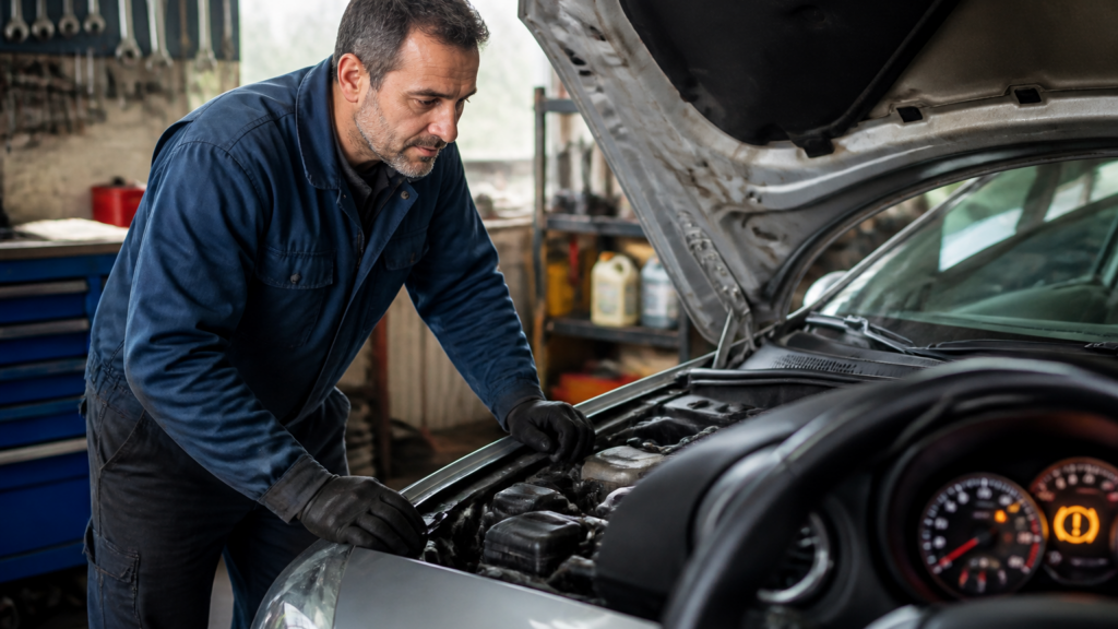Garagiste examinant une voiture avec voyant ABS allumé sur le tableau de bord dans un garage local