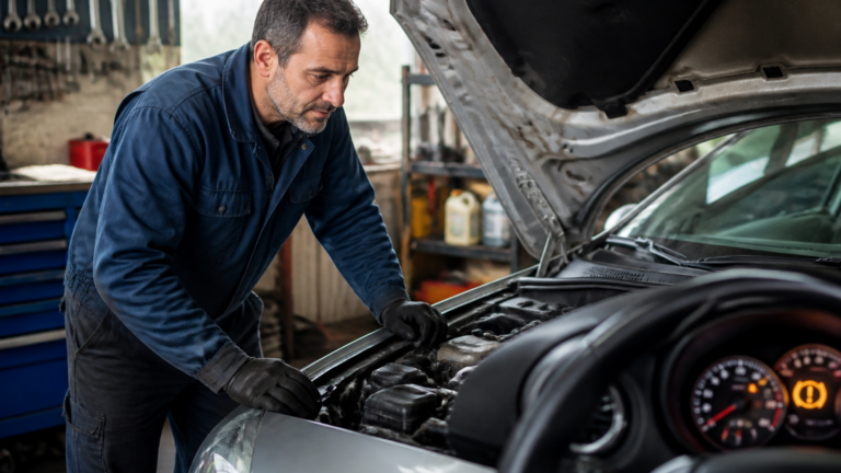 Garagiste examinant une voiture avec voyant ABS allumé sur le tableau de bord dans un garage local