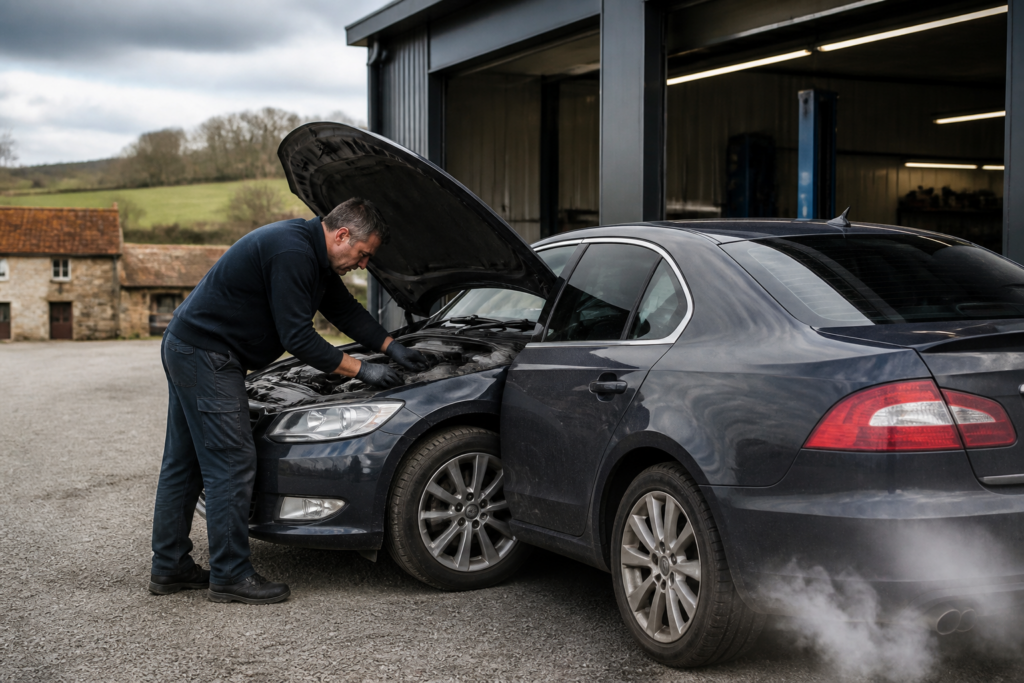 Garagiste inspectant un moteur diesel avec fumée blanche à l'échappement dans un garage à Nurieux