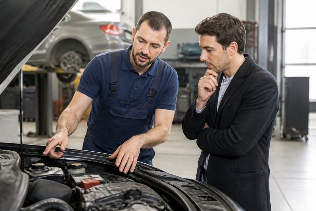 Mécanicien expliquant l'état d'une voiture à un client dans un garage automobile moderne
