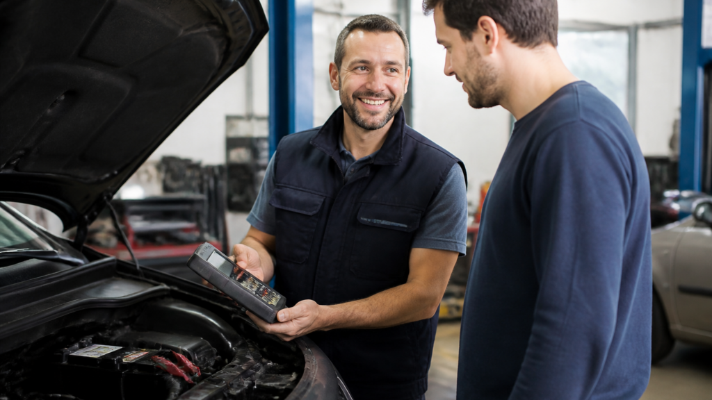 Garagiste montrant un testeur de batterie à un client dans un garage automobile