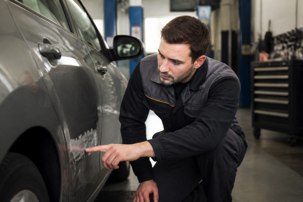 Garagiste inspectant une carrosserie avec peinture voiture qui s’écaille dans un garage