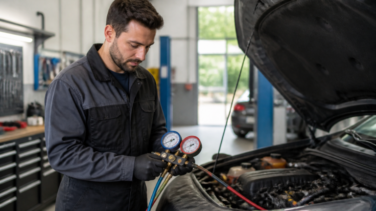Garagiste français diagnostiquant une climatisation de voiture dans un garage