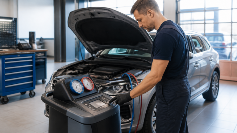 Garagiste français diagnostiquant la climatisation d'une voiture dans un garage local moderne