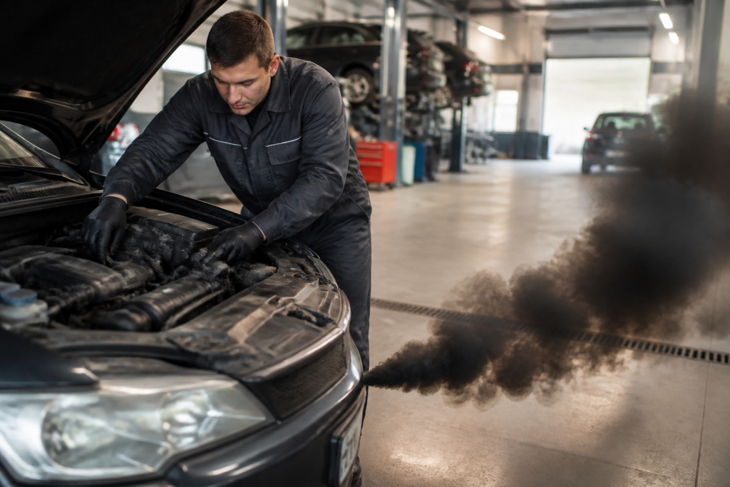 Garagiste inspectant un moteur diesel avec fumée noire visible à l'échappement dans un garage automobile