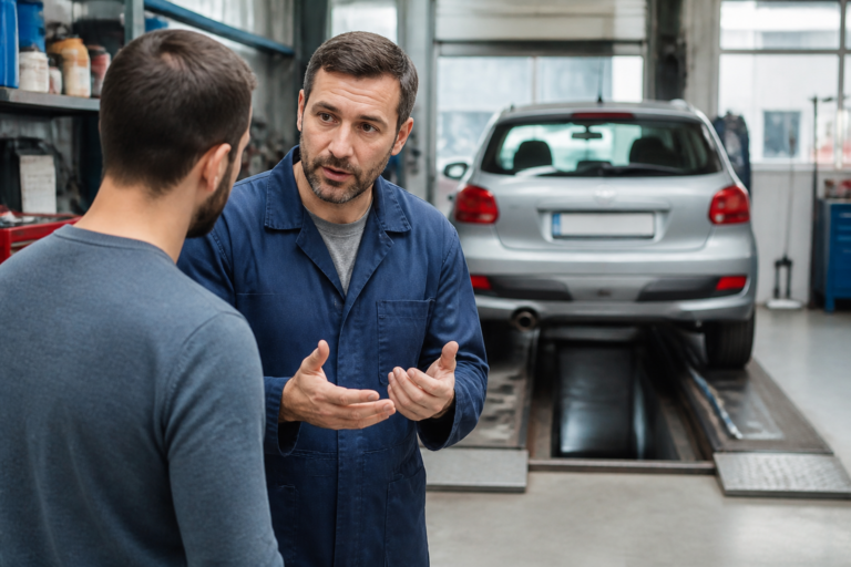 Garagiste français expliquant le remplacement du carnet d'entretien voiture perdu à un client dans un garage automobile