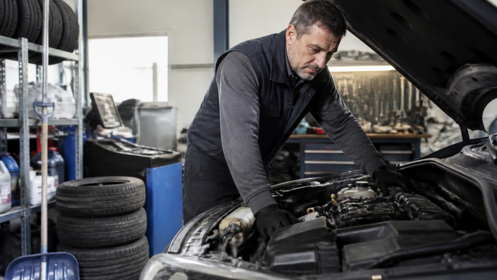 Garagiste vérifiant une voiture dans un garage automobile en hiver