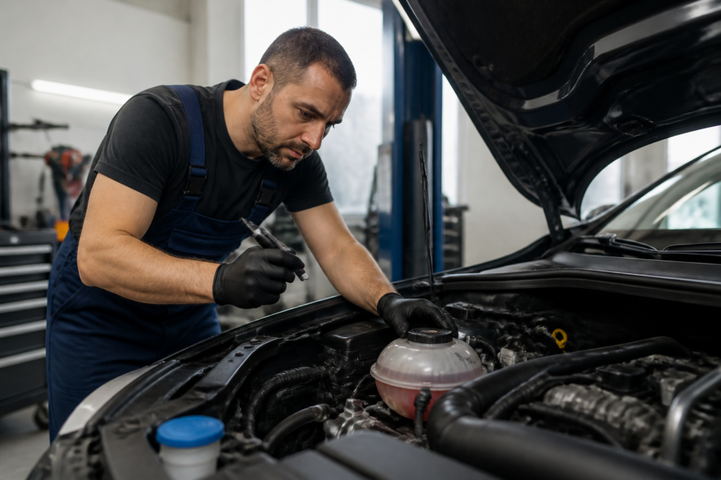 Mécanicien vérifiant le niveau du liquide de refroidissement sous le capot d'une voiture dans un garage