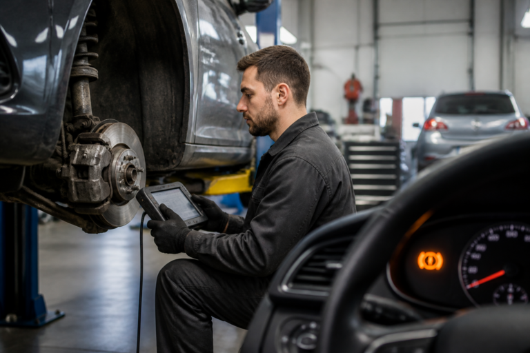 Mécanicien contrôlant un système ABS avec outil de diagnostic dans un garage automobile