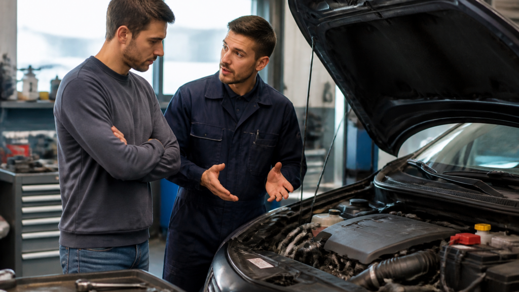 Garagiste expliquant un diagnostic de panne automobile à un client dans un garage local
