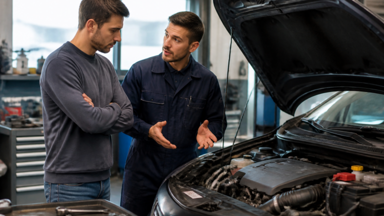 Garagiste expliquant un diagnostic de panne automobile à un client dans un garage local
