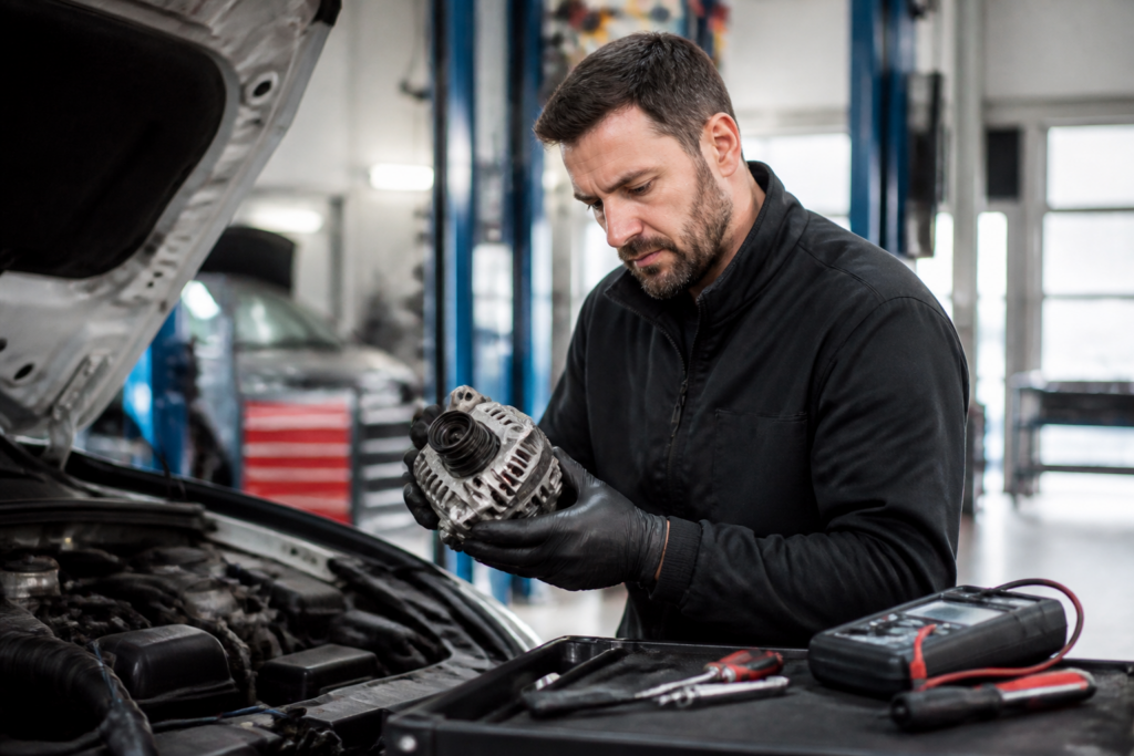 Garagiste inspectant l'alternateur d'une voiture dans un garage professionnel
