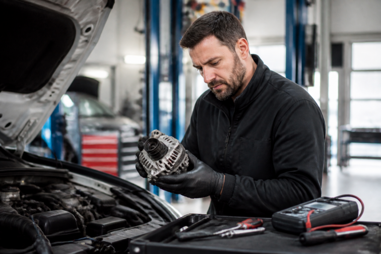 Garagiste inspectant l'alternateur d'une voiture dans un garage professionnel