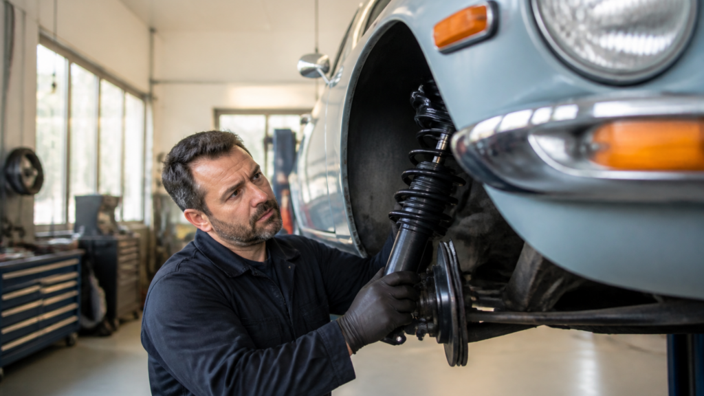 Garagiste local inspectant les amortisseurs d'une voiture dans un garage automobile français