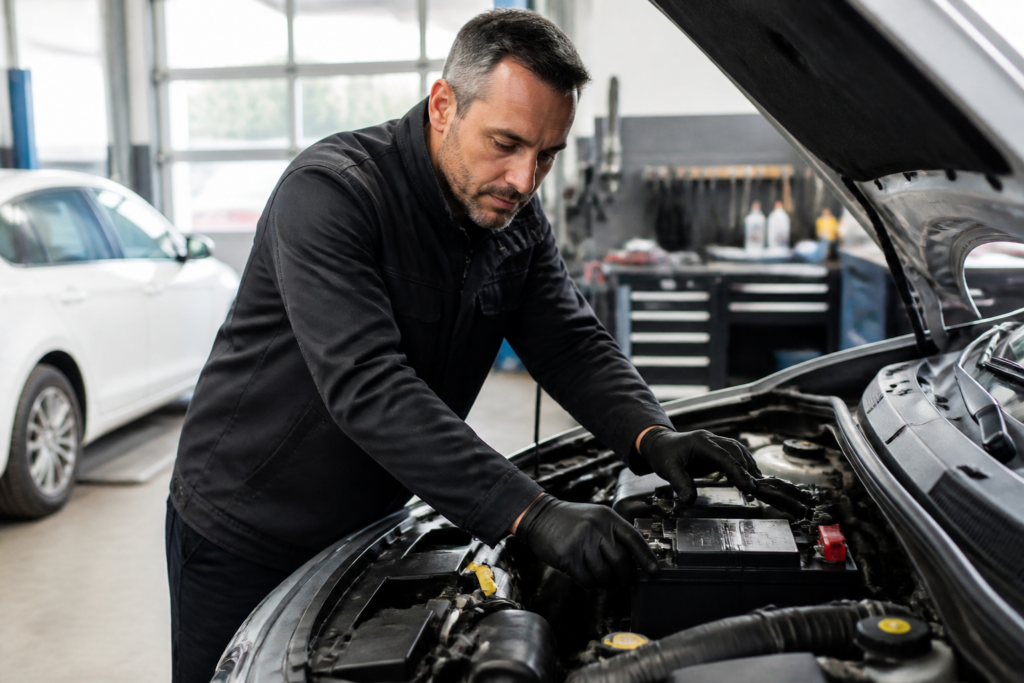 Garagiste inspectant la batterie d’une voiture dans un garage