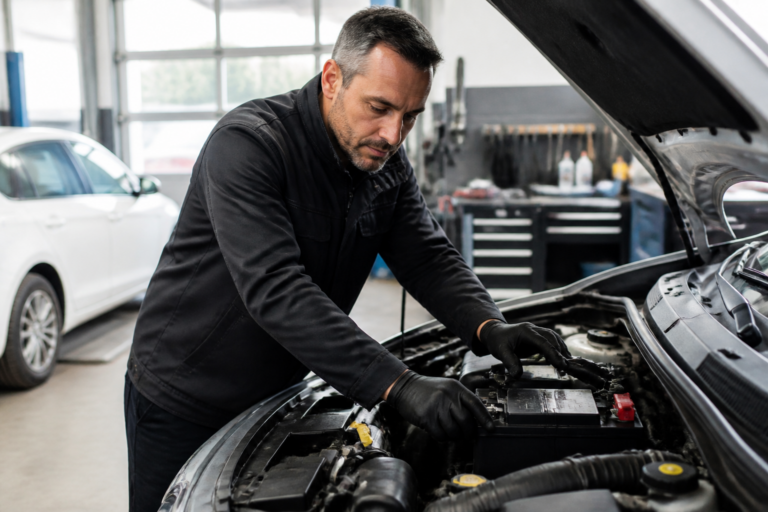 Garagiste inspectant la batterie d’une voiture dans un garage