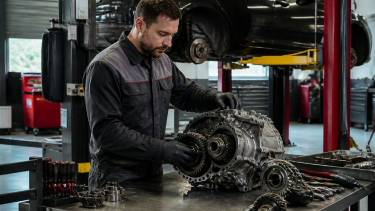 Garagiste travaillant sur la boîte de vitesse d'une voiture dans un garage automobile