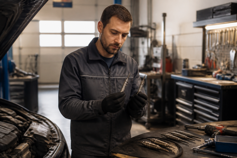 Mécanicien inspectant des bougies de préchauffage dans un garage automobile