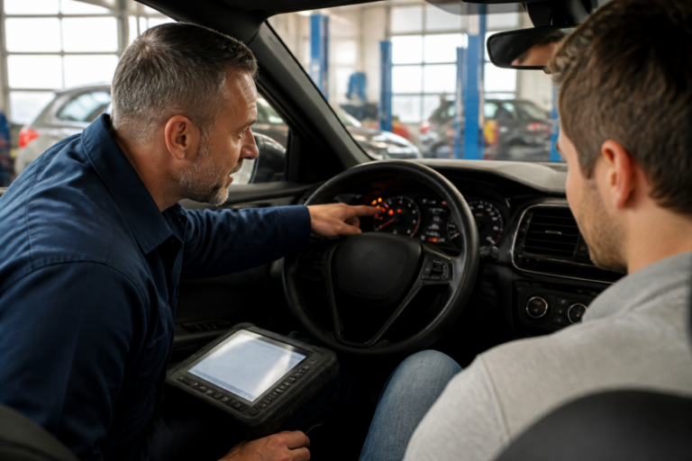 Garagiste expliquant les voyants lumineux du tableau de bord d'une voiture à un client dans un garage automobile.