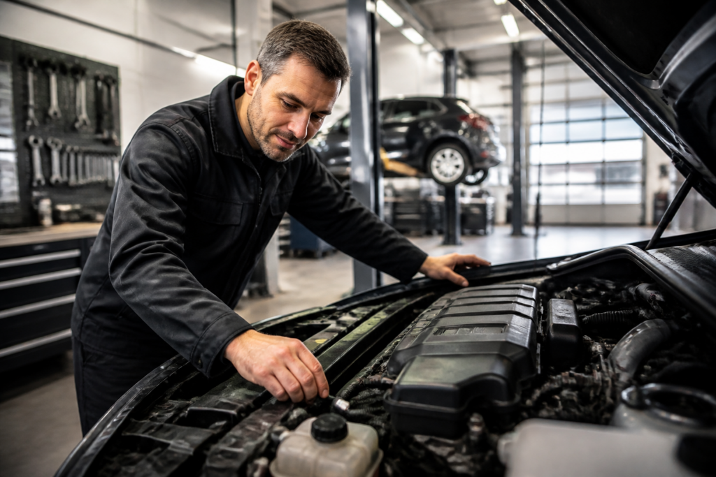 Garagiste inspectant un moteur de voiture dans un garage professionnel
