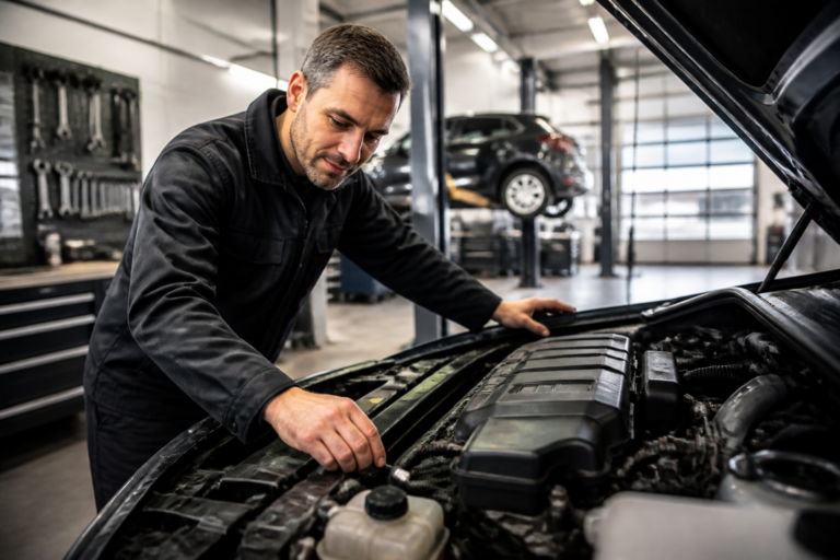 Garagiste inspectant un moteur de voiture dans un garage professionnel