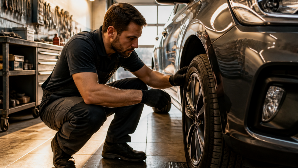 Garagiste inspectant la roue avant d'une voiture dans un garage automobile français