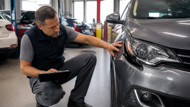 Garagiste évaluant les dégâts sur une carrosserie de voiture dans son garage