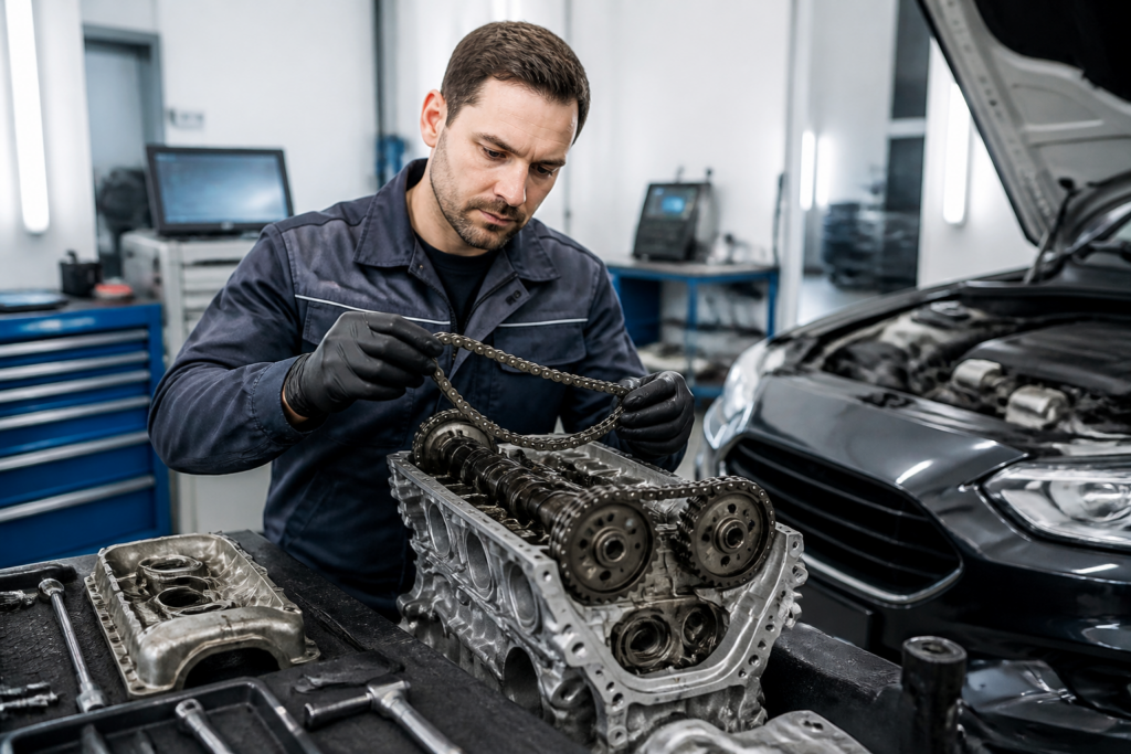 Garagiste inspectant la chaîne de distribution d'un moteur dans un garage professionnel