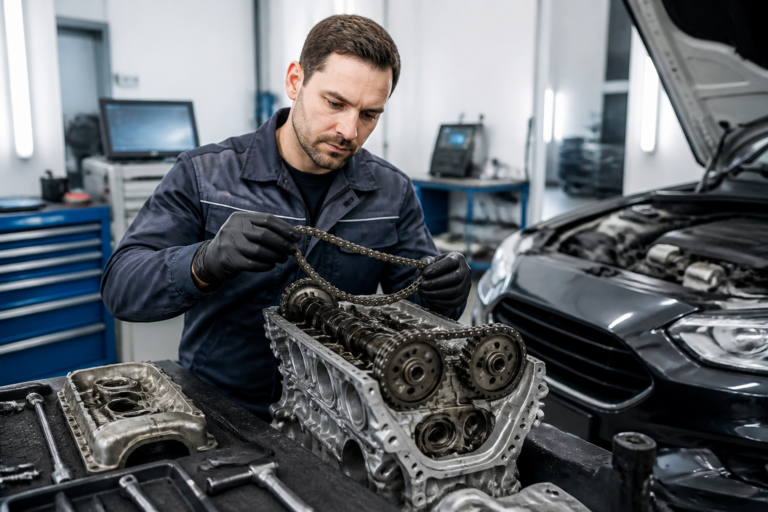 Garagiste inspectant la chaîne de distribution d'un moteur dans un garage professionnel
