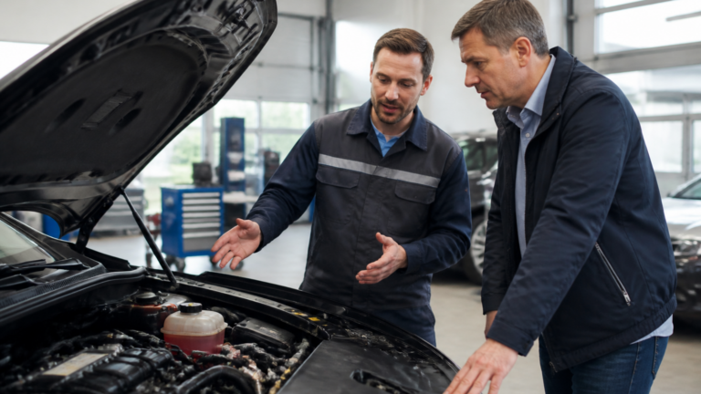 Garagiste expliquant le fonctionnement de la climatisation à un client dans un garage automobile français