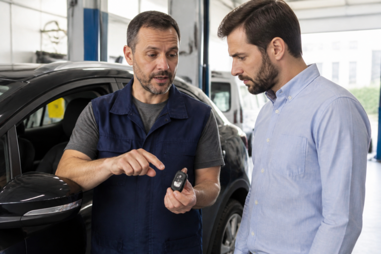 Garagiste expliquant le fonctionnement d'une clé de voiture électronique à un client dans un garage automobile