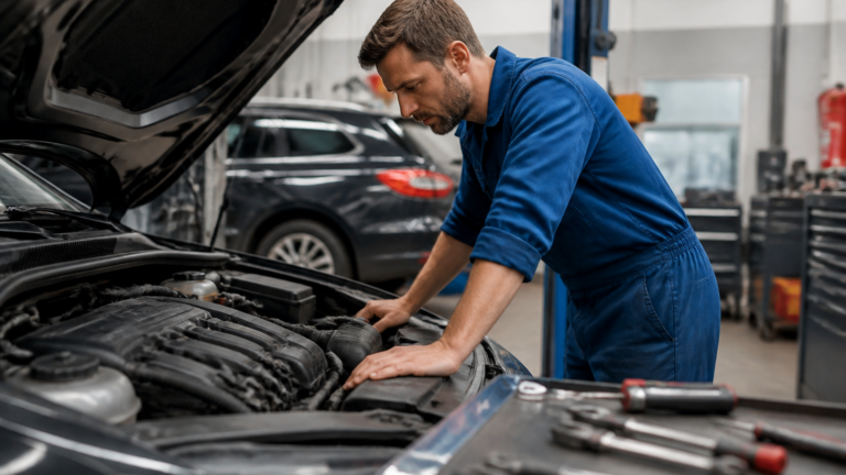 Garagiste inspectant un véhicule dans un garage automobile