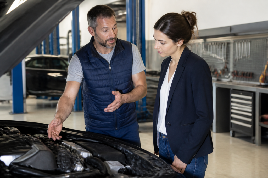 Garagiste expliquant les réparations à un client dans un garage propre et bien équipé