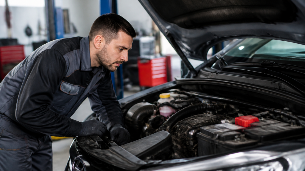 Garagiste examinant la batterie d'une voiture moderne dans un garage automobile local