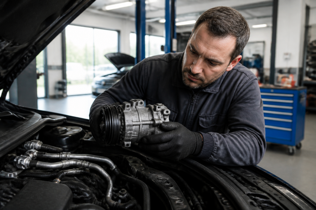 Garagiste inspectant un compresseur de clim automobile dans un garage